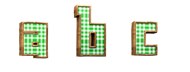 Green plaid alphabet. Letters a, b, c, in 3d render. Rustic party. White background. Path save. Lowercase letters