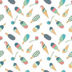 Vector seamless pattern with different types of ice cream in doodle style on white background. Gelato,popsicle, sundae,ice cream cone for summer texture,fabrics,textile,wrapping paper,decoration,print