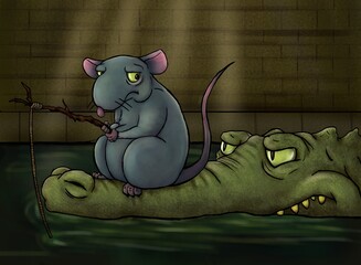 ilustración  caricatura de rata pescando sobre hocico de cocodrilo en las alcantarillas