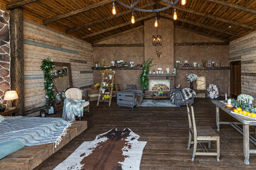 dark cozy interior of big country wooden house, wooden furniture and animal furs. huge panoramic window and very high ceiling.