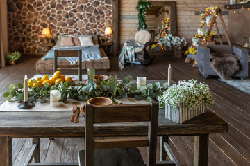 dark cozy interior of big country wooden house, wooden furniture and animal furs. huge panoramic window and very high ceiling.