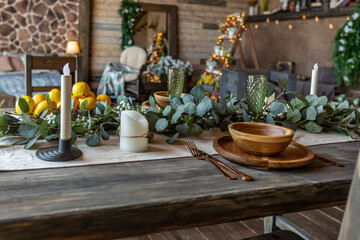dark cozy interior of big country wooden house, wooden furniture and animal furs. huge panoramic window and very high ceiling.