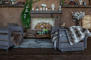 dark cozy interior of big country wooden house, wooden furniture and animal furs. huge panoramic window and very high ceiling.