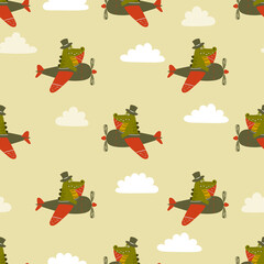 Seamless pattern with cute crocodiles on planes. Baby print with cartoon pilots.