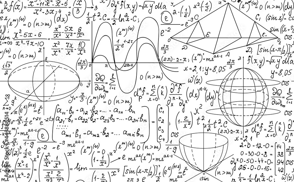 Sticker mathematical vector seamless background with handwritten algebra and geometry formulas on a white pa