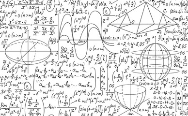 Mathematical vector seamless background with handwritten algebra and geometry formulas on a white paper
- 443888514