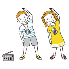 手書き線画カラーイラスト 男の子と女の子　笑顔　ラジオ体操