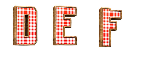 Red plaid alphabet. Letters D, E, F in 3d render. Rustic party. White background. Path save. Uppercase letters