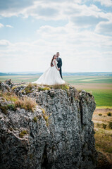 Newlyweds hug on the background of rocks and a beautiful landscape