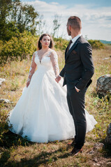 Newlyweds hug on the background of rocks and a beautiful landscape