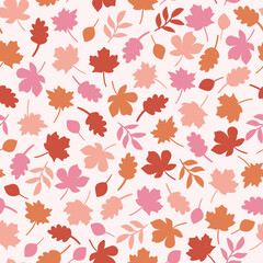 Colorful Red, Orange, Pink Fall Leaves Autumn Seamless Pattern Background