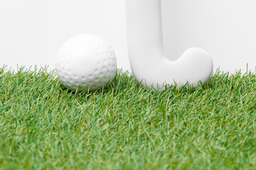 Field hockey stick and ball on the green field. Professional sport concept