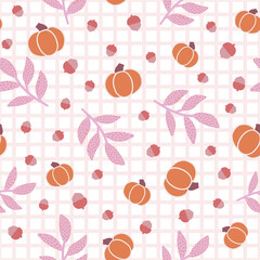 Autumn Acorns, Pumpkins, and Leaves on Gingham Background Seamless Pattern