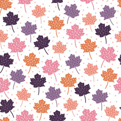 Colorful Polka Dot Purple, Pink, Orange Fall Maple Leaves Seamless Pattern