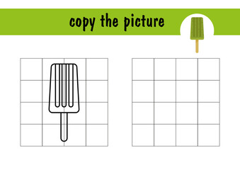 Children s mini-game on paper - repeat the drawing of popsicle ice cream on a stick. Copy the picture using grid lines, simple toddler game with easy level of play, drawing for kids.