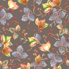 Dry autumn plants seamless pattern. Botanical composition with whithered plants. Flowers of delicate pale gold color on a gray background.
