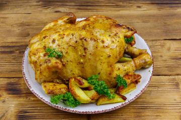 Baked whole chicken with potato on a wooden table