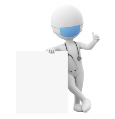 Cartoon character doctor in a blue mask is leaning against an empty board and shows okay. 3d render.