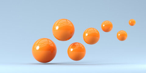 3d render illustration. Falling orange balls in the blue background. Abstraction background for ideas.