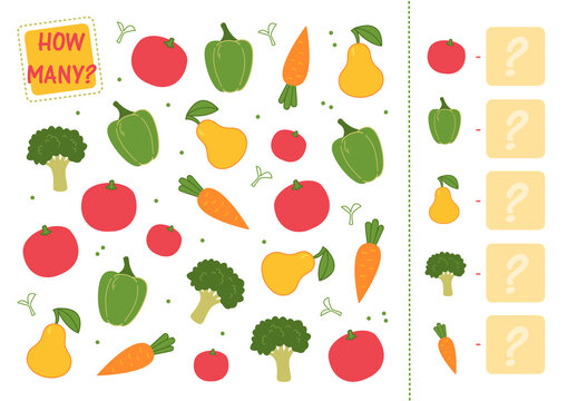 Count how many vegetables and fruits you have and write the number in the square. Math mini game, count the numbers, for kindergarten. Vector illustration of education counting game for preschool kids