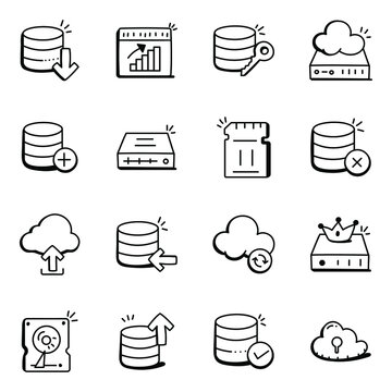 Set of Data Storage Doodle Icons

