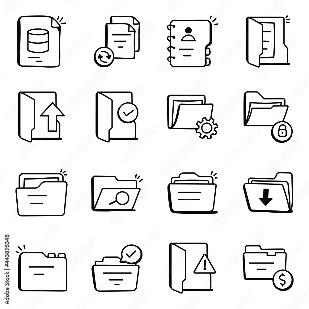 Poster set of folders and binders in doodle icons