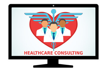 Health consulting flat vector illustration. Heart, doctors,caduceus in a laptop computer.Emergency,medical, and insurance concept design for banner, web.