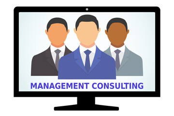 Management consulting illustration vector isolated on white. Cartoon business people in different suit dress with monitor. Teamwork concept.