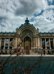 Fototapeta premium Facade of The Petit Palais, Paris, France with a cloudy sky and branches in the foreground