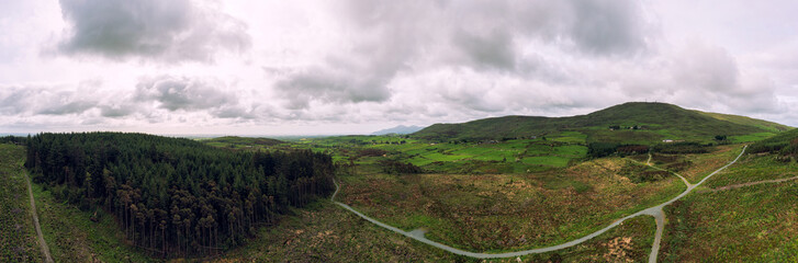 Aerial Panoramic view of summer cloudy drumkeepragh countryside ,Northern Ireland