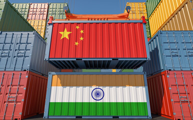 Container Terminal. Two cargo Container with China and India national flags. 3D Rendering