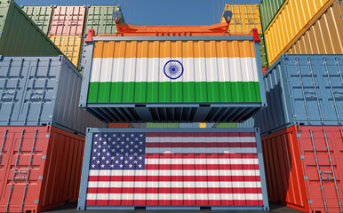 Container Terminal. Two cargo Container with USA and India national flags. 3D Rendering