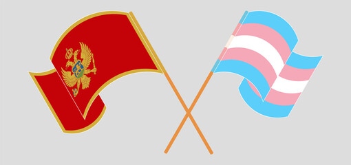 Crossed and waving flags of Montenegro and Transgender Pride