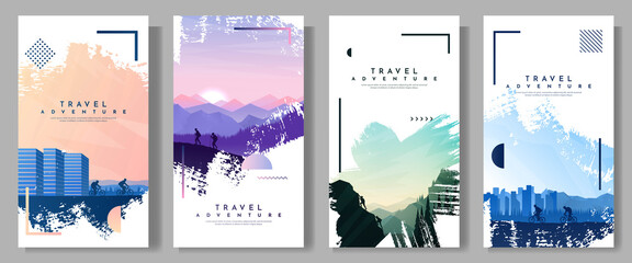 Vector illustration. Travel concept of discovering, exploring and observing nature. Couple hikes, climbs on rock, rides on bike. Adventure tourism. Flat design template of flyer, coupon, voucher, card