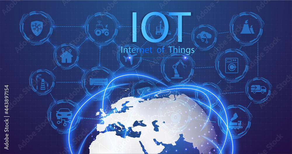 Leinwandbilder Internet of things connected background. landing page IoT. Devices and connectivity concepts on a network. A web of network connections of digital devices against the background of the earth. Vector