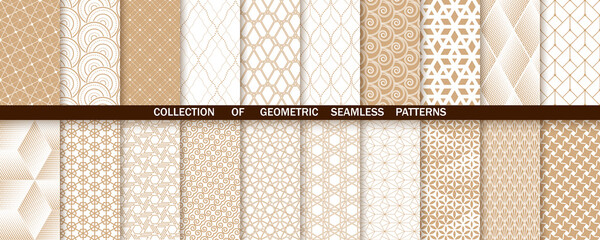 Geometric set of seamless gold and white patterns. Simple vector graphics