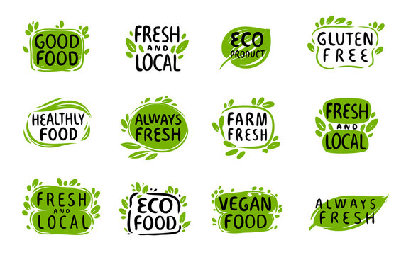 Natural, organic food icon. Set of stickers, labels, tags. Eco, bio with leaves symbol