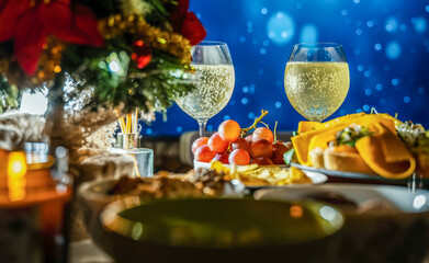 Christmas tree and Snacks for wine on the buffet table. Cold snacks such as alcoholic beverage with grapes, sandwiches etc. Party table with sparkling white wine with christmas celebration light.