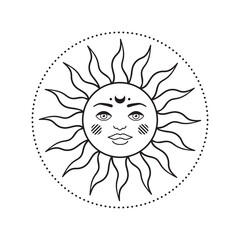 Bohemian illustration, celestial vintage design, sun with face, stylized drawing, tarot card. Mystical element