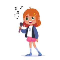 Cute baby girl holding a microphone and singing a song. Singer cartoon girl schoolgirl. Girl teenager sings in karaoke and is shy. Vector illustration of a singing girl isolate.