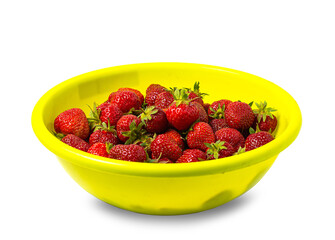 a lot of strawberries with green tails in a large yellow basin. concept of picking berries and teasing.