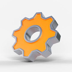 Orange metal gear isolated on white background. 3D rendering, 3D illustration