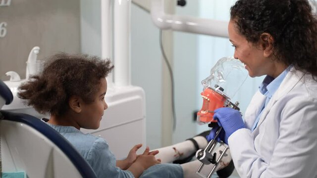 Close-up of dummy dental jaw, friendly female stomatologist showing fake teeth to cute mixed race girl sitting on stomatological chair. Pediatric dentist communicating with child in denal office