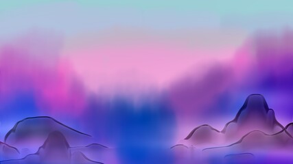 hand painted landscape with mountains and sky colored in purple violet and dark blue 