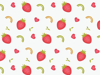 Summer pattern with strawberries, hearts, leaves and arcs on a white background. Print for children's clothing, household items, textiles