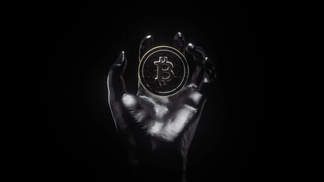 PREMIUM | The dark hand on a black background is holding levitating Bitcoin BTC coin that is rotating. 3D The Dark Side of Cryptocurrency Bitcoin.  4K, 3D, Loop Ready