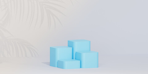 Blue podiums or pedestals for products or advertising on tropical background with palm leaf shadows, 3d render