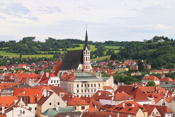 Fototapeta premium A view to the old town with St. Vitus Church in the center at Cesky Krumlov, Czech republic