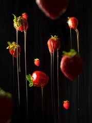 strawberries falling down and dripping with honey