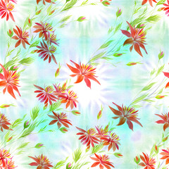 Flowers and leaves. Decorative composition on a watercolor background. Seamless patterns. Use printed materials, signs, items, websites, maps, posters, postcards, packaging.